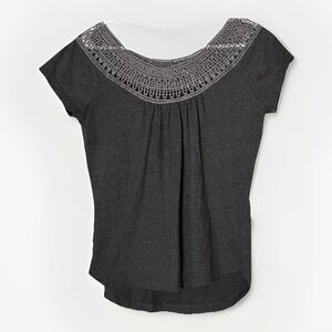 prAna Womens Medium Black Organic Cotton Crochet Yoke Boho Casual Top
